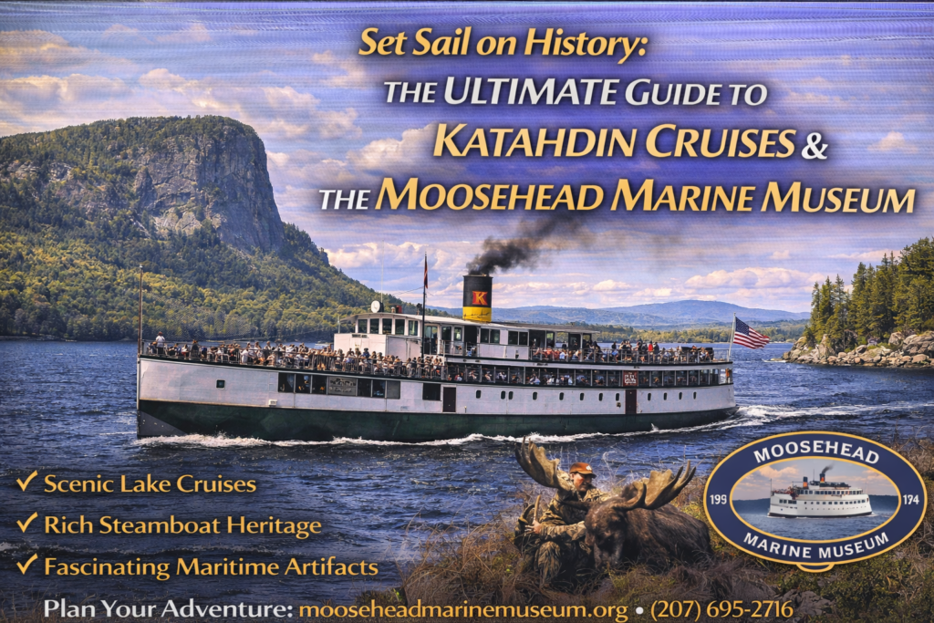 Steamship Katahdin cruising Moosehead Lake in Greenville Maine with Mount Kineo cliffs and historic steamboat deck views on a sunny summer day.