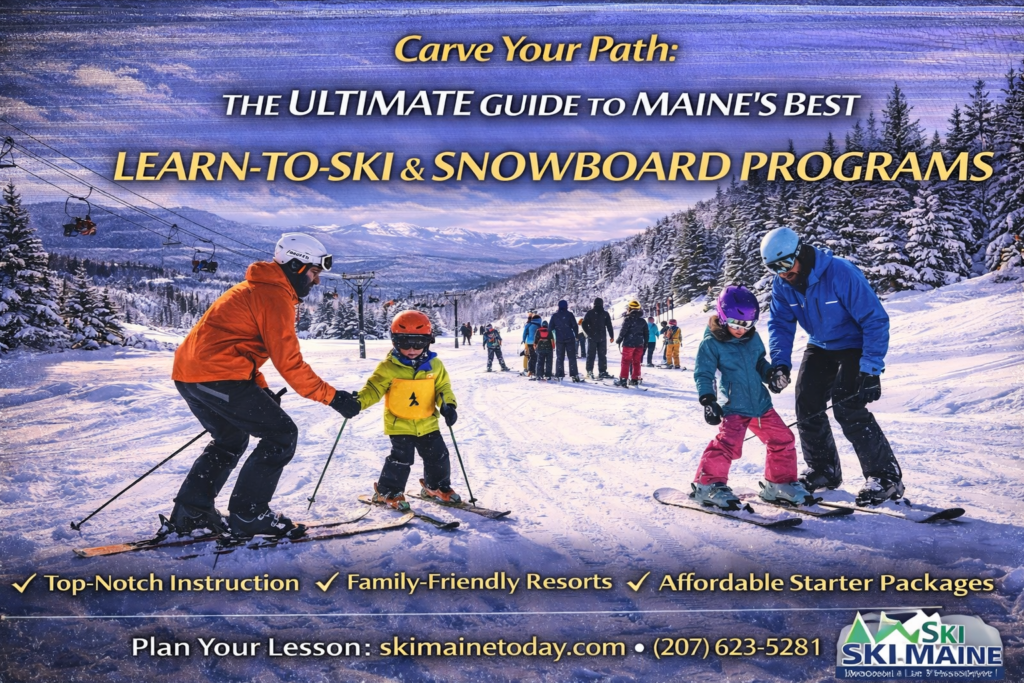 Beginner skiers and snowboarders taking lessons on a sunny winter day at a Maine ski resort, learning to ski and ride on groomed beginner slopes surrounded by mountain scenery.