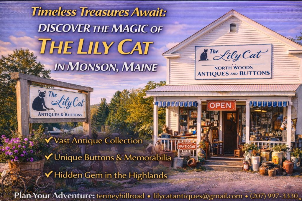 Exterior of The Lily Cat antique shop in Monson, Maine, a two-story vintage store filled with antiques, buttons, books, and Maine memorabilia in the Maine Highlands.