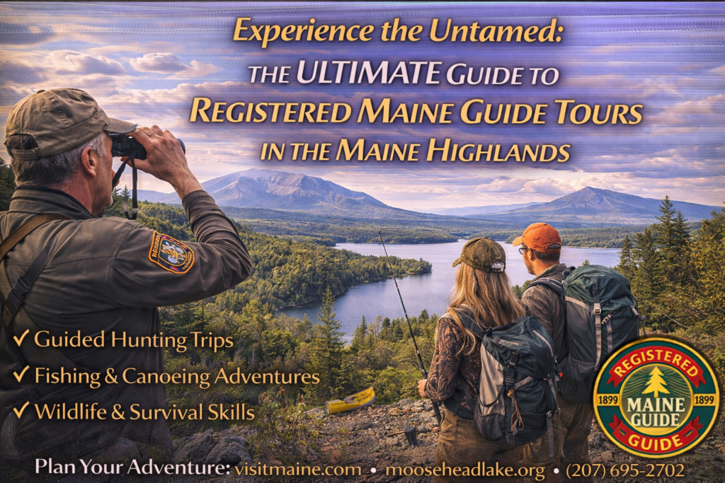 Registered Maine Guide leading a small group through the Maine Highlands with Moosehead Lake, mountains, and wilderness scenery in the background