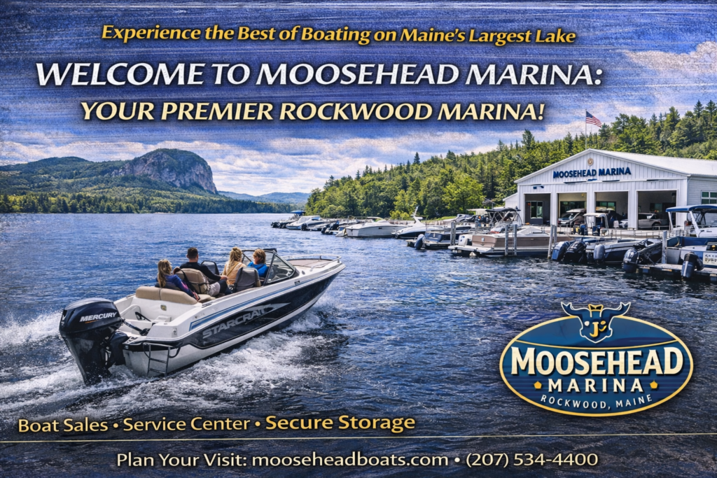 Moosehead Marina in Rockwood Maine on Moosehead Lake featuring boats at dock, full-service marina facilities, and forested mountain shoreline under a clear summer sky.