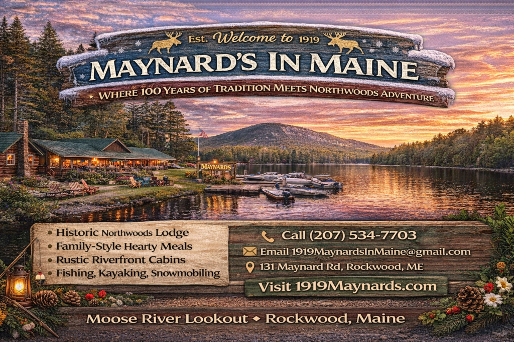 Maynard’s In Maine lodge along the Moose River in Rockwood, Maine, surrounded by Northwoods forest near Moosehead Lake, a historic riverside retreat and outdoor adventure destination.