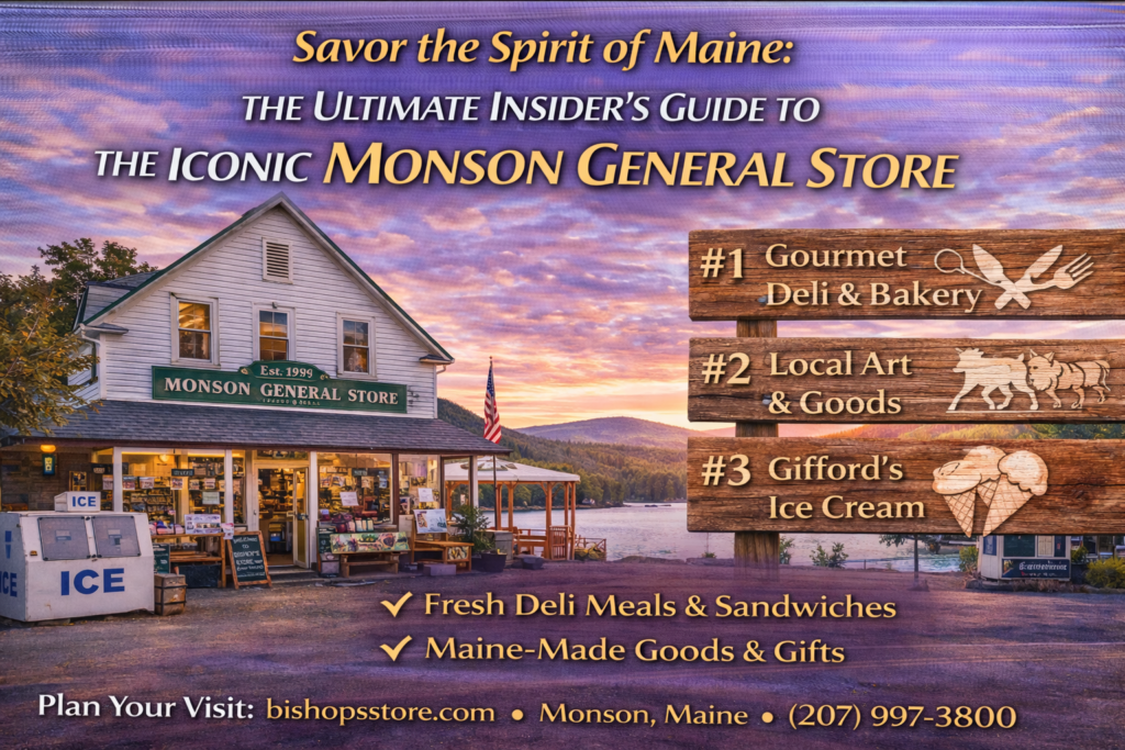 Historic Monson General Store in Monson, Maine with outdoor seating overlooking Lake Hebron, featuring gourmet deli sandwiches, local goods, and Appalachian Trail hiker services