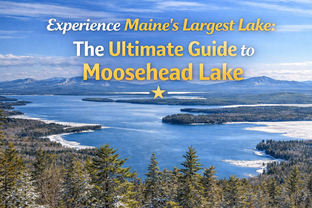 Aerial view of Moosehead Lake in Maine with forested islands, mountain backdrop, and expansive North Woods wilderness.