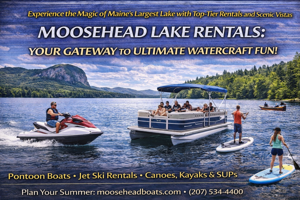 Moosehead Lake watercraft rentals in Rockwood, Maine featuring pontoon boats, kayaks, and jet skis with Mount Kineo and Blue Ridge Mountain in the background