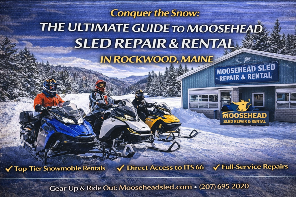 High-performance snowmobiles parked at Moosehead Sled Repair & Rental in Rockwood, Maine, with direct access to ITS 66 trails in the Moosehead Lake region.