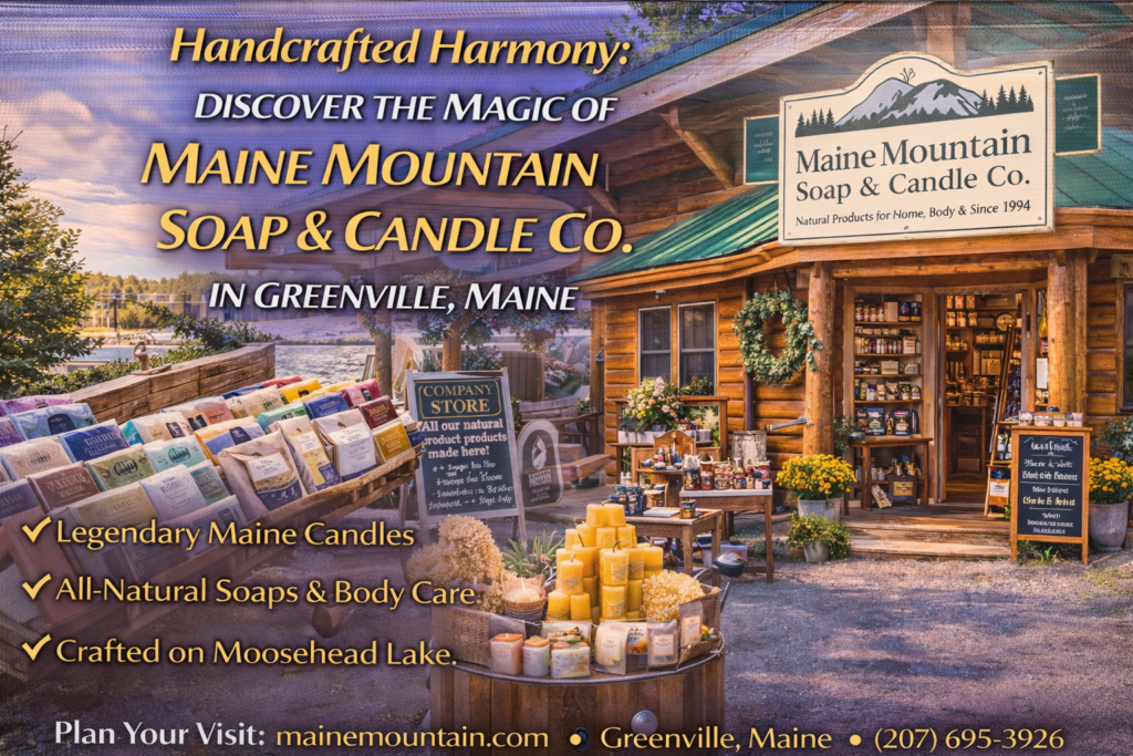 Handcrafted soaps and candles displayed inside Maine Mountain Soap & Candle Co.’s rustic log cabin shop in Greenville, Maine near Moosehead Lake