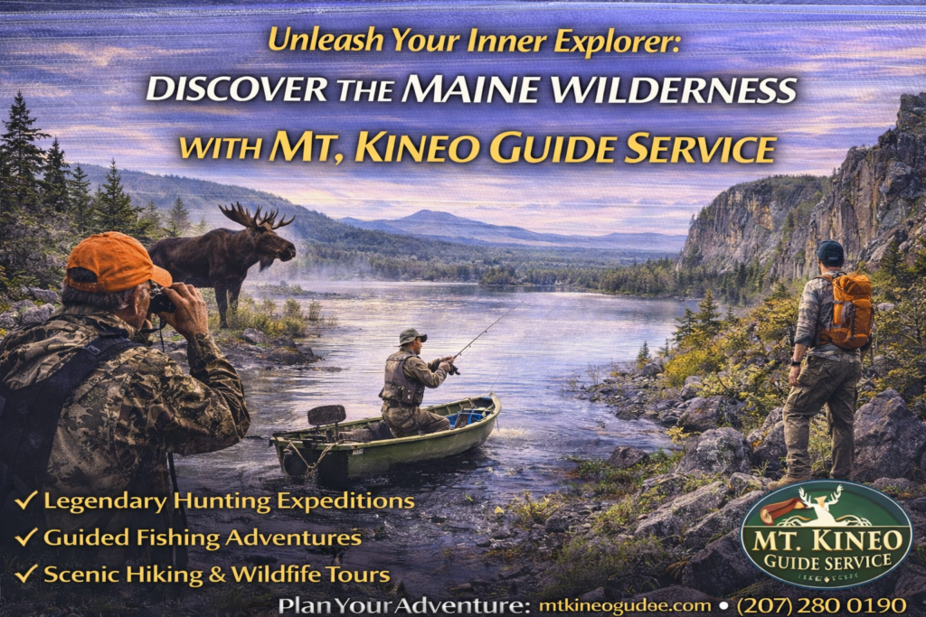 Registered Maine guide leading a guided wilderness adventure near Mount Kineo on Moosehead Lake, featuring fishing, hiking, and wildlife exploration in Maine’s North Woods.