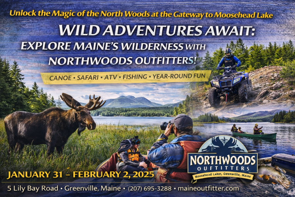Northwoods Outfitters in Greenville Maine offering guided moose safaris, canoe trips, fishing adventures, and outdoor gear rentals near Moosehead Lake
