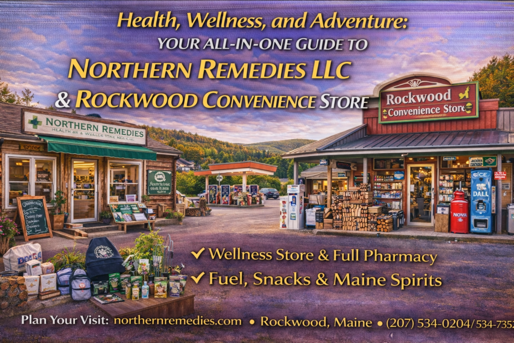 Northern Remedies LLC and Rockwood Convenience Store in Rockwood, Maine, offering wellness products, pharmacy services, fuel, and outdoor essentials near Moosehead Lake.