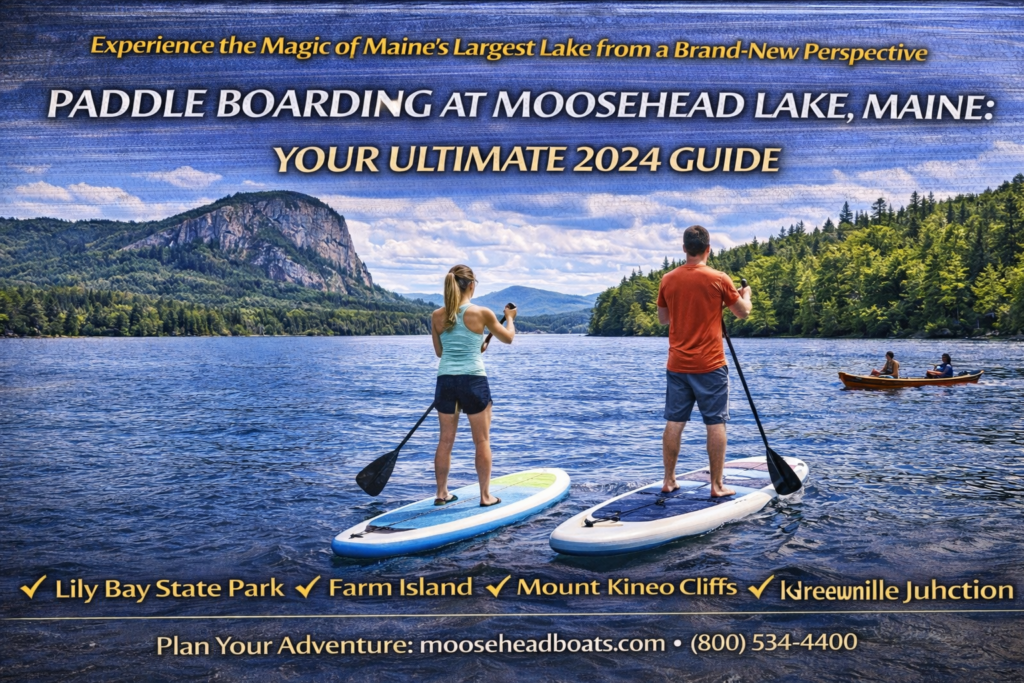 Paddle boarder gliding across Moosehead Lake in Maine with Mount Kineo cliffs and forested shoreline under a clear summer sky