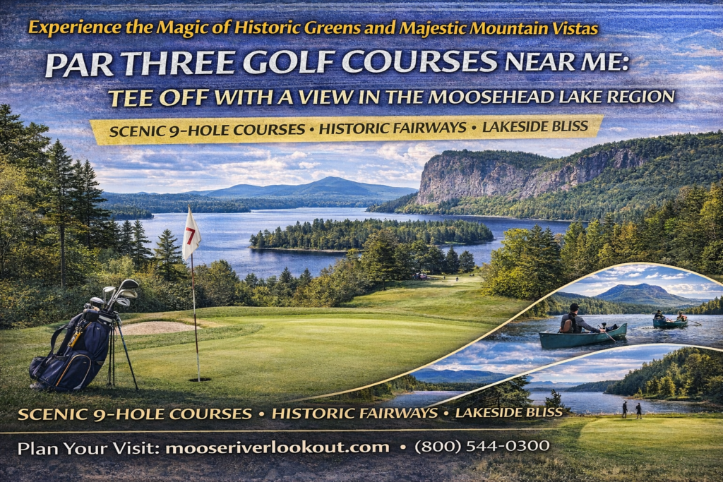 Scenic par three golf course near Moosehead Lake in Maine with Mount Kineo cliffs, lush fairways, and mountain views under a clear summer sky.