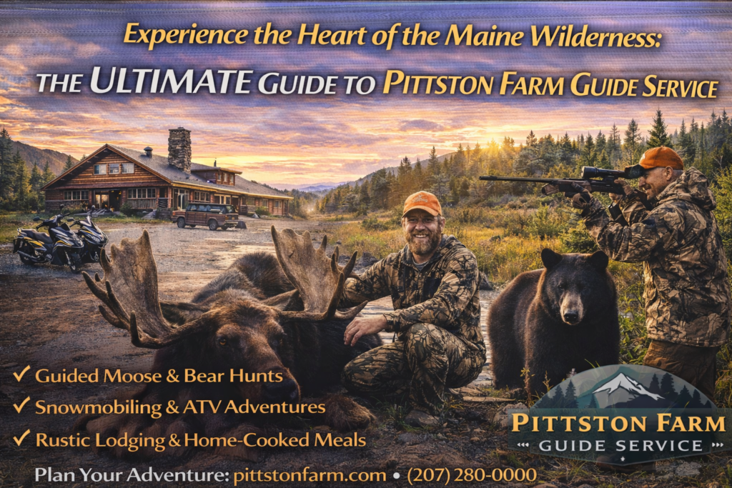 Historic Pittston Farm Guide Service in Rockwood Maine surrounded by forests and mountains, showcasing authentic North Woods wilderness adventures, guided hunting, snowmobiling, and outdoor recreation.