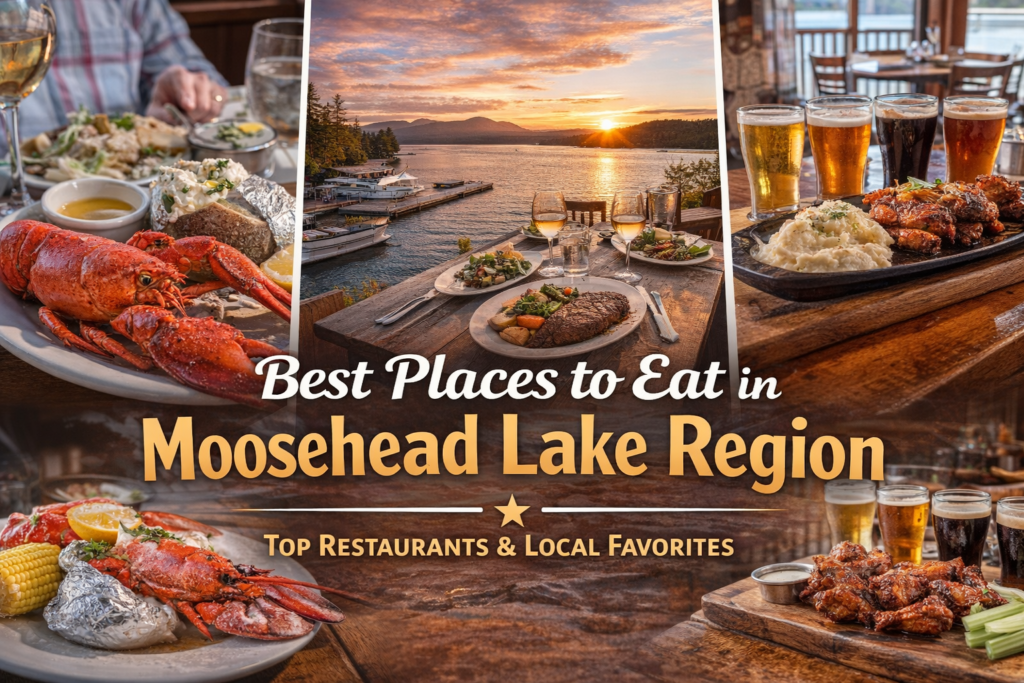 A collage of dining experiences in Greenville Maine featuring waterfront seafood at Kelly's Landing, live music at Stress Free Moose, fine dining at Blair Hill Inn, and a family enjoying Jamo's Pizza.