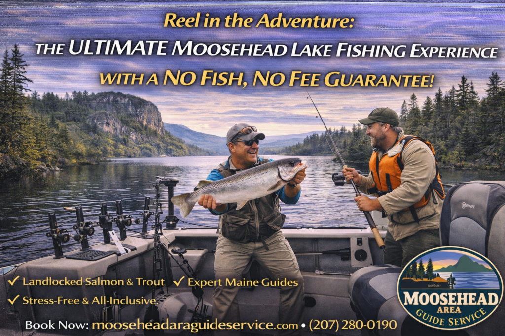 Guided fishing trip on Moosehead Lake, Maine with anglers reeling in landlocked salmon from a boat surrounded by mountain scenery
