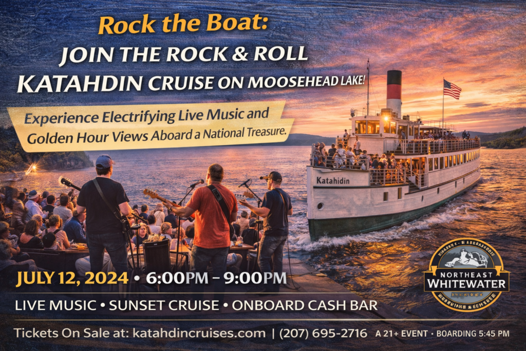 Historic Steamboat Katahdin cruising Moosehead Lake at sunset with live rock band performing onboard during a summer evening music cruise in Greenville, Maine.