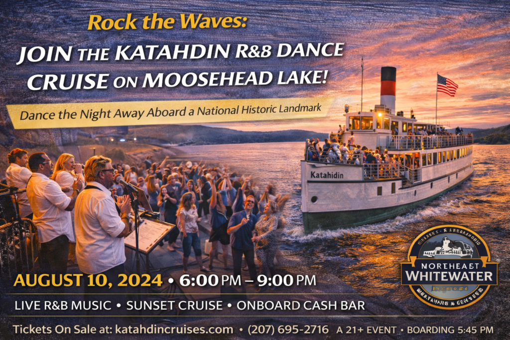 Katahdin R&B Dance Cruise on Moosehead Lake with live music aboard the historic Steamboat Katahdin at sunset in Greenville, Maine.