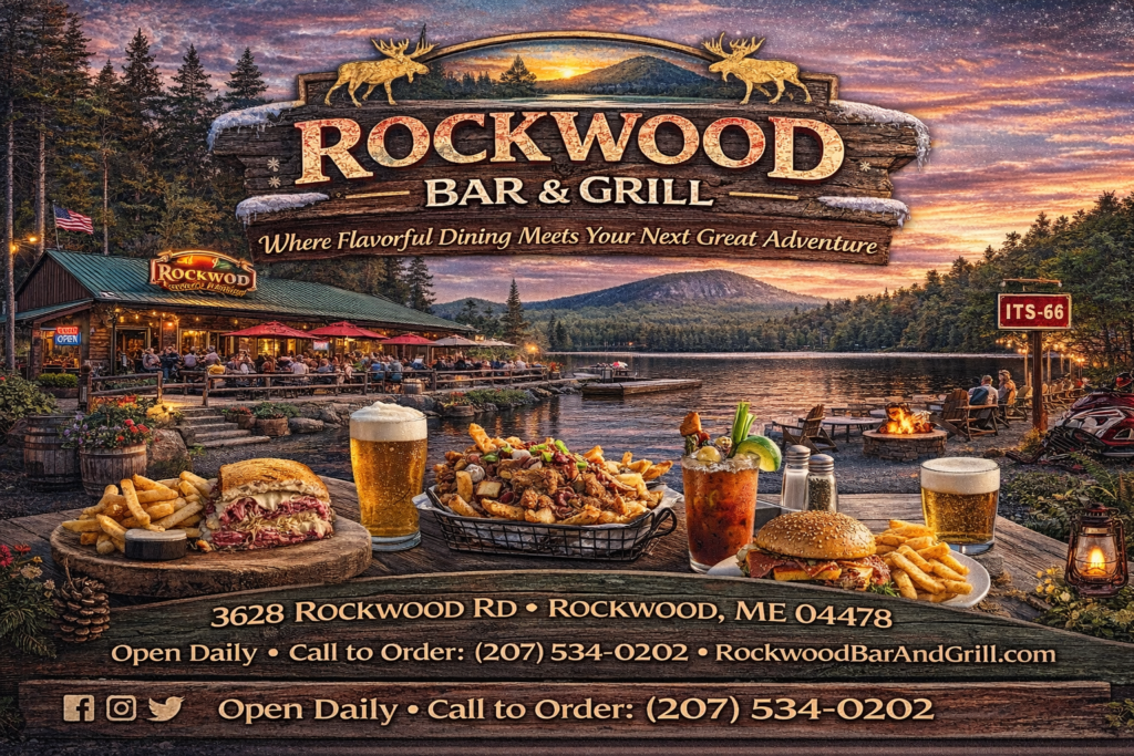 Rockwood Bar & Grill in Rockwood, Maine overlooking Moosehead Lake, featuring burgers, poutine, cold beer, and outdoor seating near ITS-66 snowmobile trails.