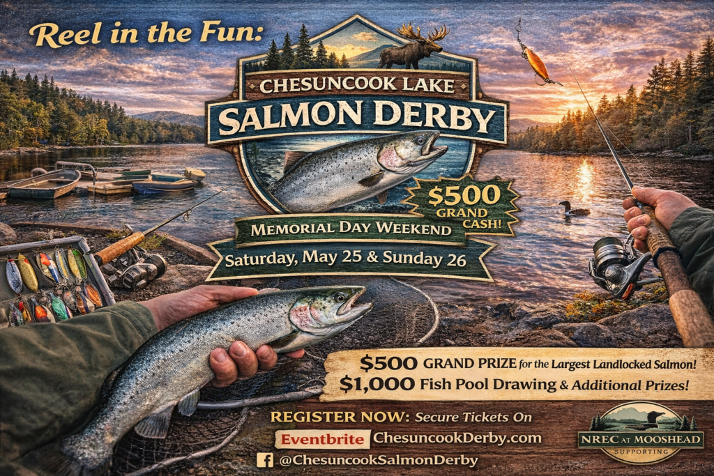 Anglers fishing for landlocked salmon on Chesuncook Lake in Maine during the 2024 Chesuncook Lake Salmon Derby, surrounded by forested North Woods scenery.