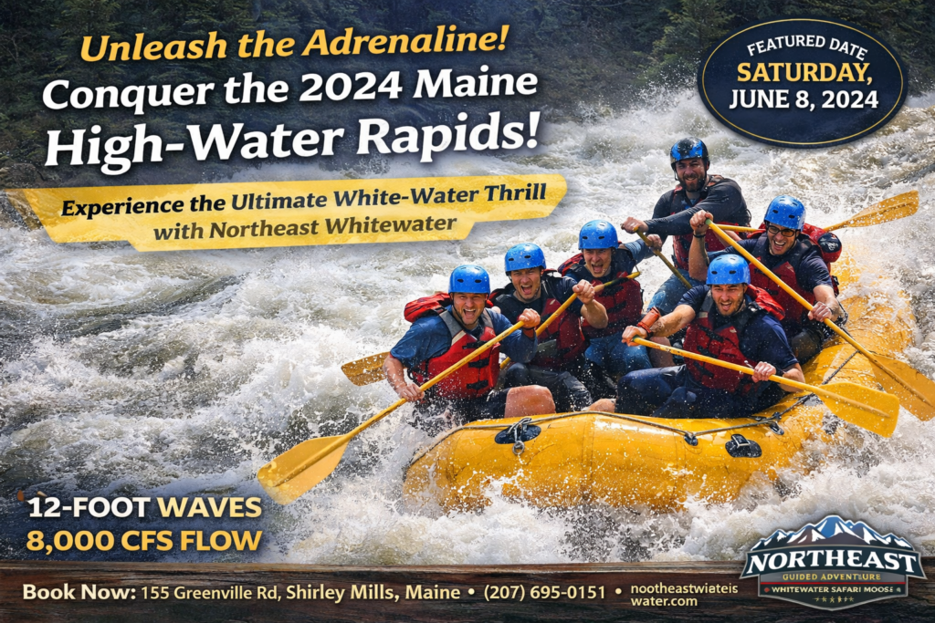 High-water whitewater rafting on the Kennebec River in Maine during a turbine test release, with rafters navigating massive waves near Magic Falls on a sunny summer day.