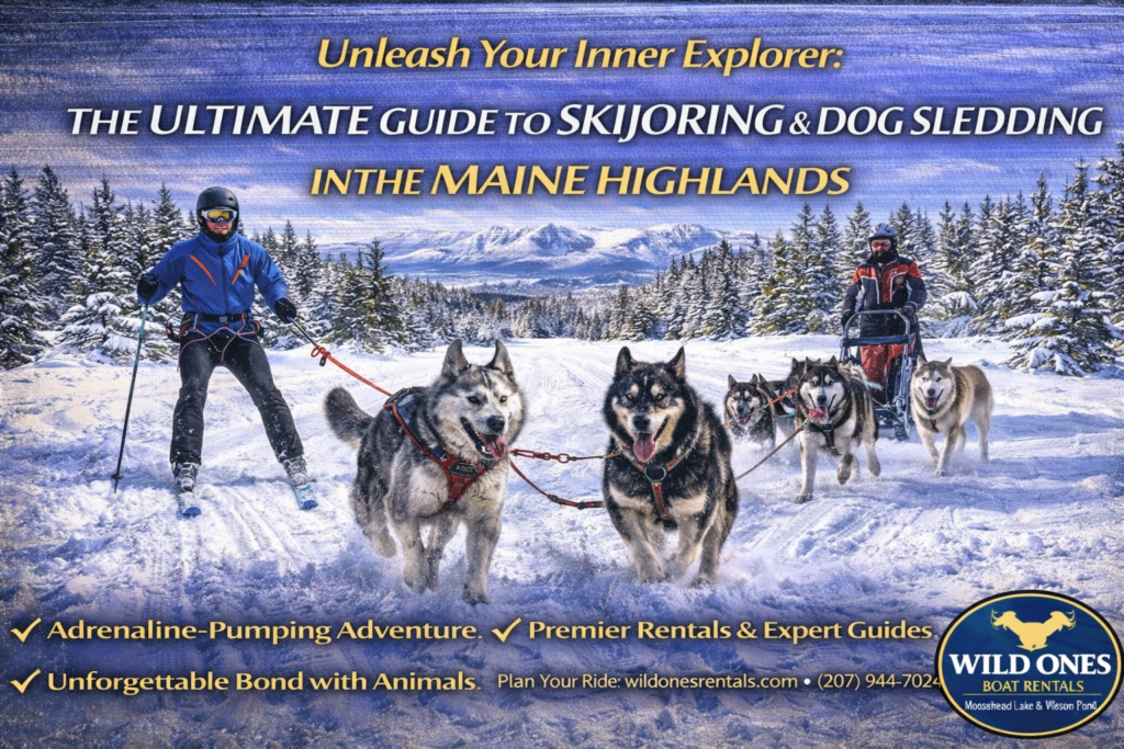 Skijoring and dog sledding adventure in the Maine Highlands with skier pulled by dog across snowy forest trail near Moosehead Lake