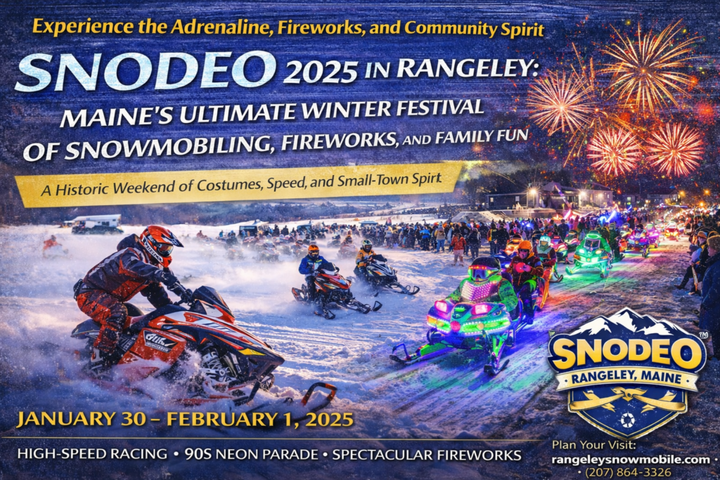 Snodeo 2025 winter festival in Rangeley Maine featuring snowmobile radar runs, fireworks over Town Cove, neon parade, and crowds enjoying Maine’s premier winter snowmobiling event.