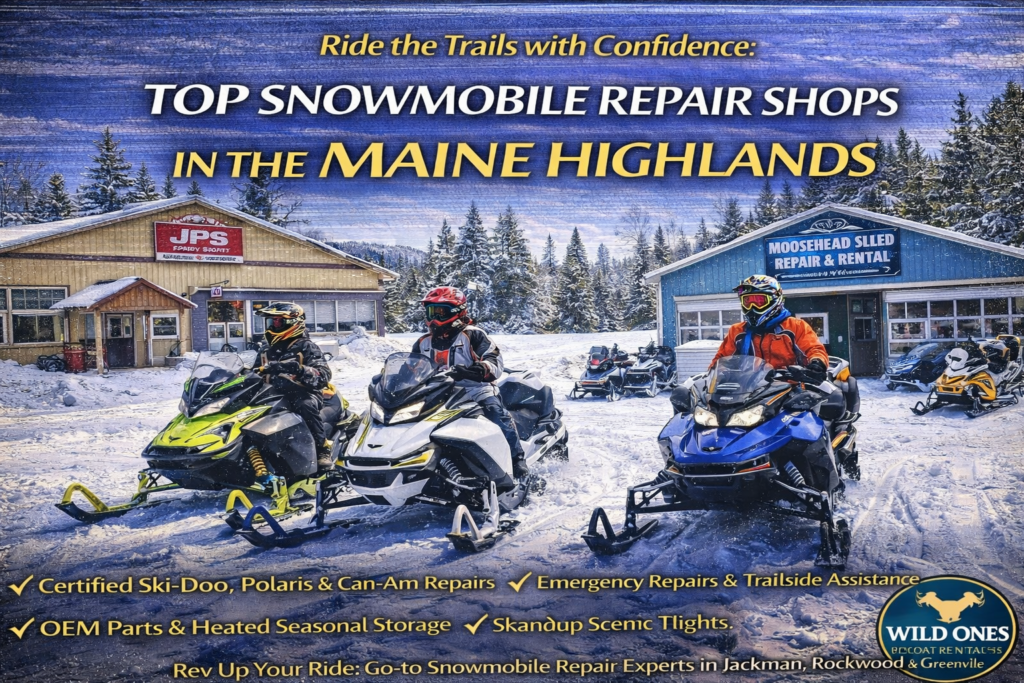 Snowmobile riders stopping at a repair shop along Maine’s Interconnected Trail System near Moosehead Lake, with sleds parked on a groomed winter trail in the Maine Highlands.