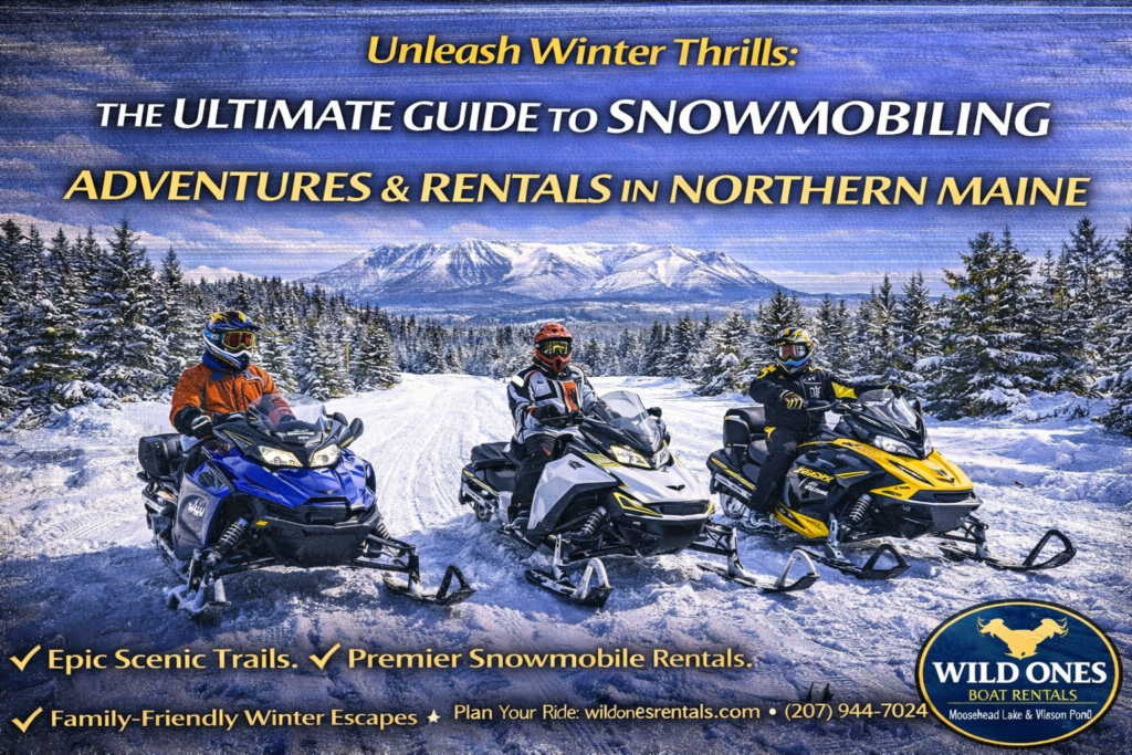 Snowmobilers riding groomed ITS trails through the Moosehead Lake region in northern Maine with snow-covered forests and mountain views during winter.