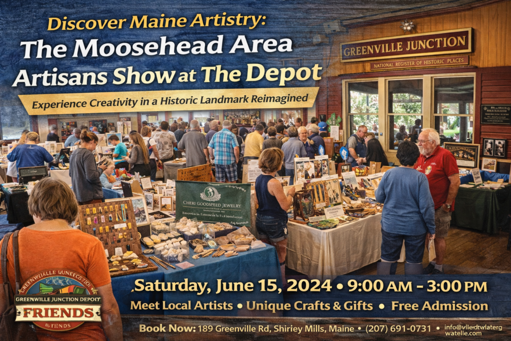 Moosehead Area Artisans Show at the historic Greenville Junction Depot in Maine, featuring local handmade art inside the restored freight shed with Moosehead Lake scenery.