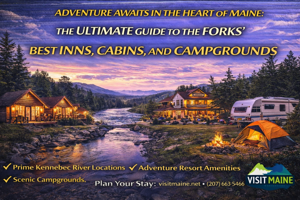 A scenic view of The Forks, Maine, featuring cabins nestled among trees with the Kennebec River flowing nearby under a clear sky.