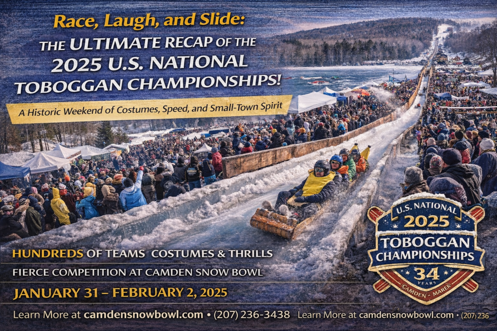 Costumed teams racing down the historic wooden toboggan chute at the 2025 U.S. National Toboggan Championships in Camden, Maine, sliding onto frozen Hosmer Pond with cheering spectators.