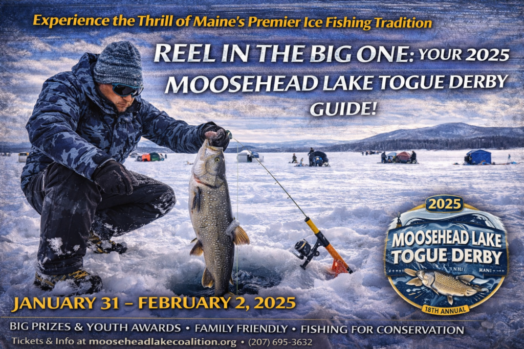 Ice anglers fishing on Moosehead Lake during the 2025 Moosehead Lake Togue Derby with snow-covered mountains and ice shacks in the Maine North Woods.