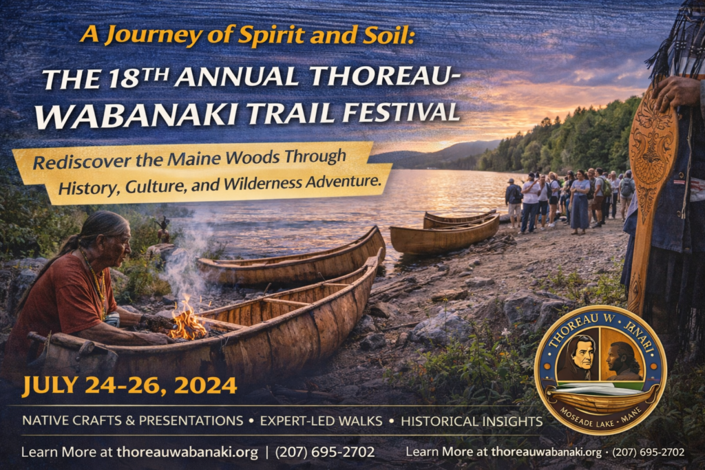 Sunset gathering on Moosehead Lake in Greenville, Maine during the Thoreau-Wabanaki Trail Festival, featuring canoes, forested shoreline, and community celebration of Wabanaki culture and Thoreau history.