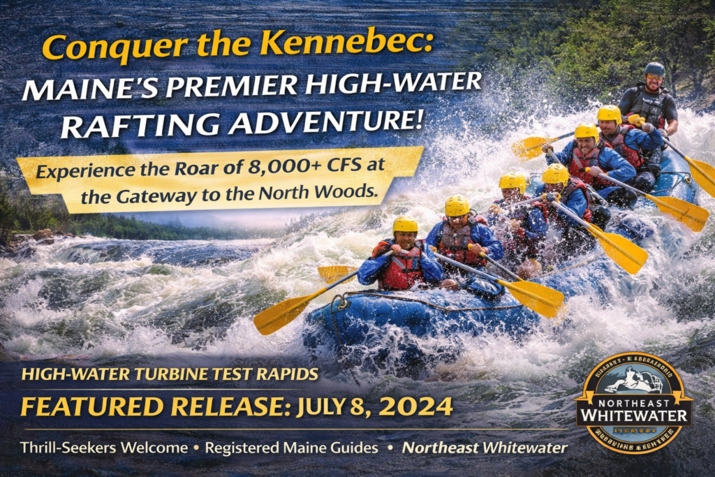 High-water whitewater rafting on Maine’s Kennebec River with Northeast Whitewater guides navigating massive waves during an 8,000 CFS turbine release near Moosehead Lake.