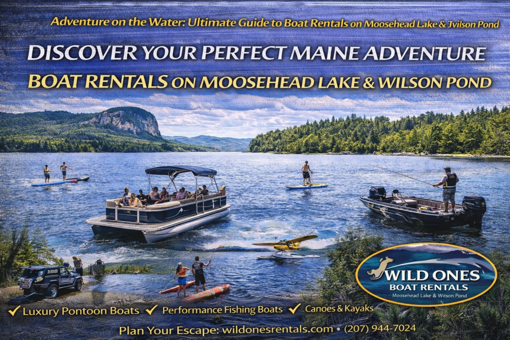 Luxury pontoon boats, kayaks, and paddleboards on Moosehead Lake and Wilson Pond in Greenville, Maine, ready for summer boating and wildlife adventures.