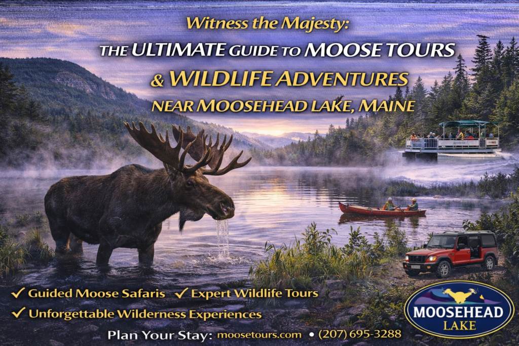 Bull moose standing in shallow water near Moosehead Lake, Maine, surrounded by misty forest during a guided wildlife tour