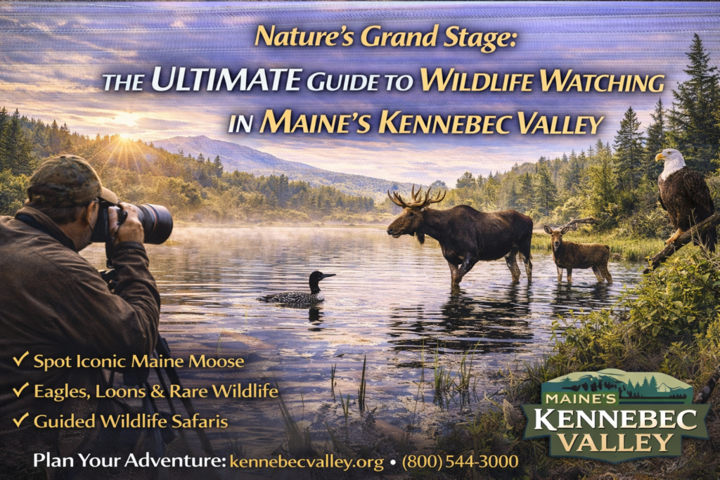 Wildlife watching in Maine’s Kennebec Valley featuring a moose near a river with forested mountains and bald eagle habitat in the background