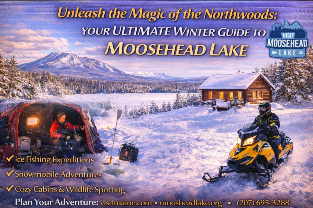 Winter adventure at Moosehead Lake, Maine featuring snowmobiling, ice fishing shanties, frozen lake views, and mountain wilderness in the Maine Highlands.