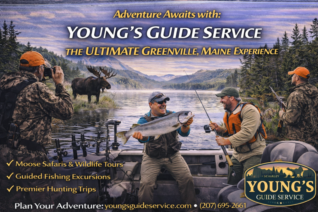 Guided moose safari and wilderness adventure with Young’s Guide Service near Moosehead Lake in Greenville, Maine, featuring wildlife viewing, forests, and scenic backcountry landscapes.