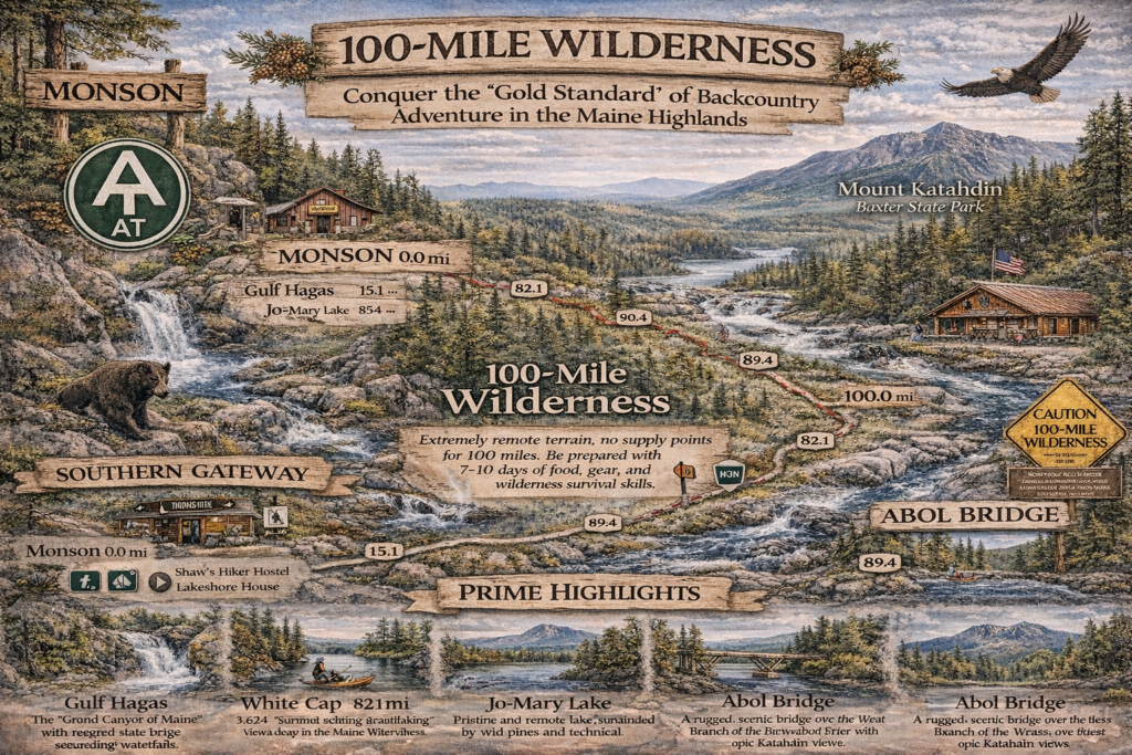 Illustrated map of Maine’s 100-Mile Wilderness showing the Appalachian Trail route from Monson to Baxter State Park with mountains, lakes, rivers, and remote forest terrain.