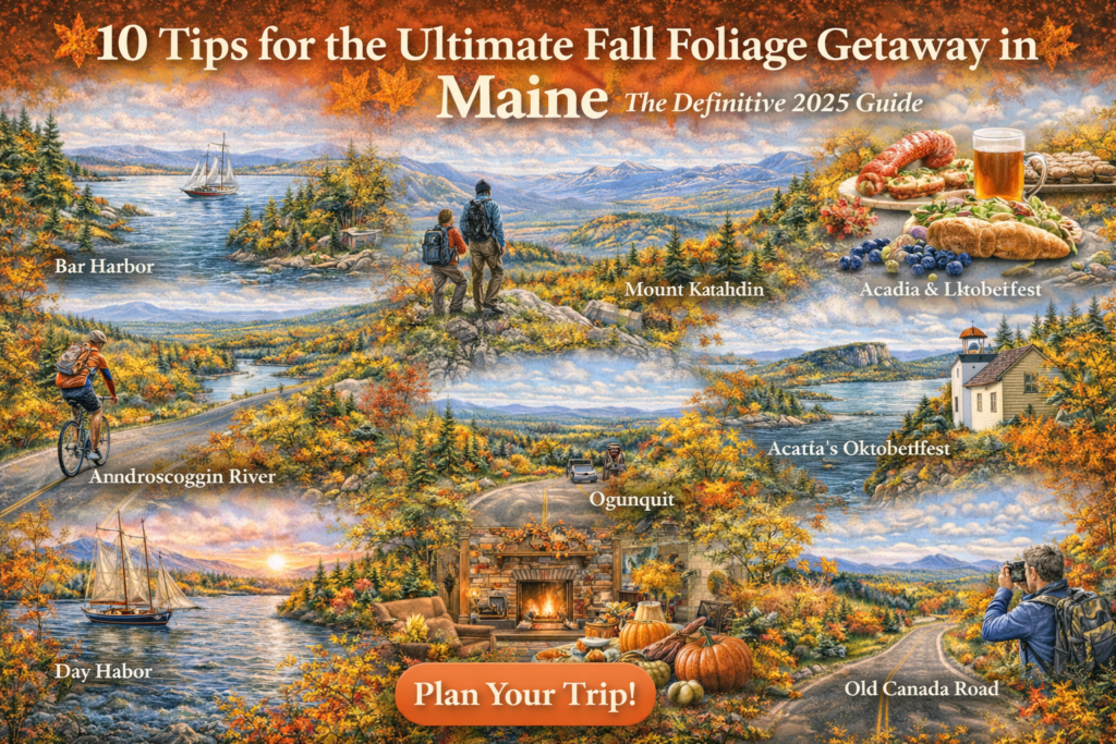 Vibrant autumn scene across Maine featuring fall foliage mountains, coastal lighthouse views, scenic backroads, hiking trails, biking routes, sailing schooners, and Moosehead Lake landscapes in peak October color.