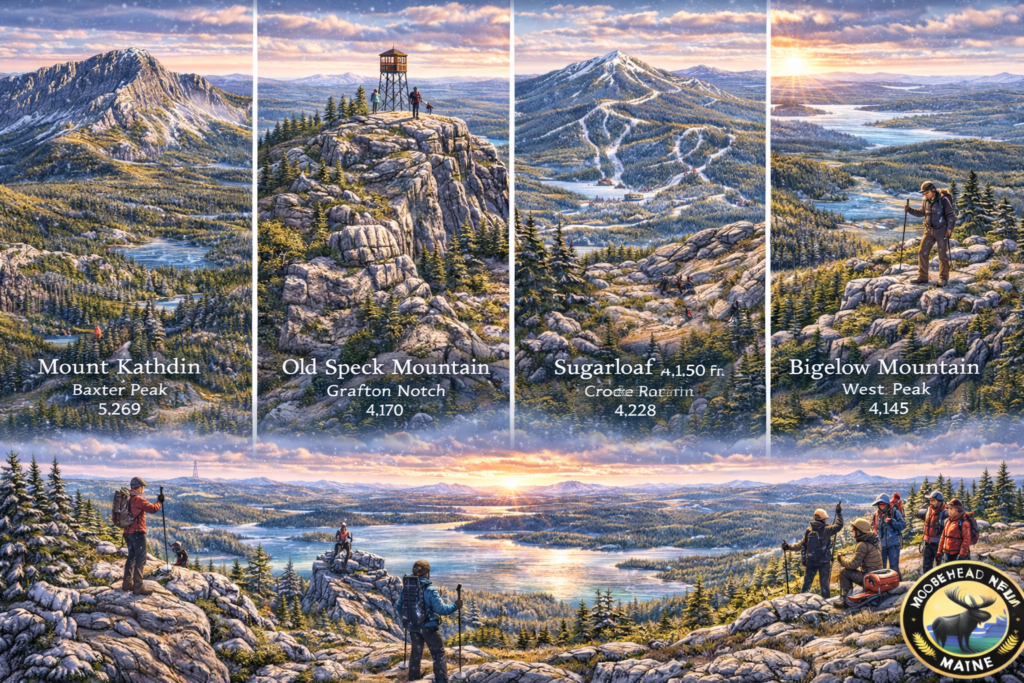 Panoramic winter map-style illustration of Maine’s highest 4,000-foot mountains including Mount Katahdin, Sugarloaf, Saddleback, and the Bigelow Range with snow-covered peaks and Moosehead News logo.