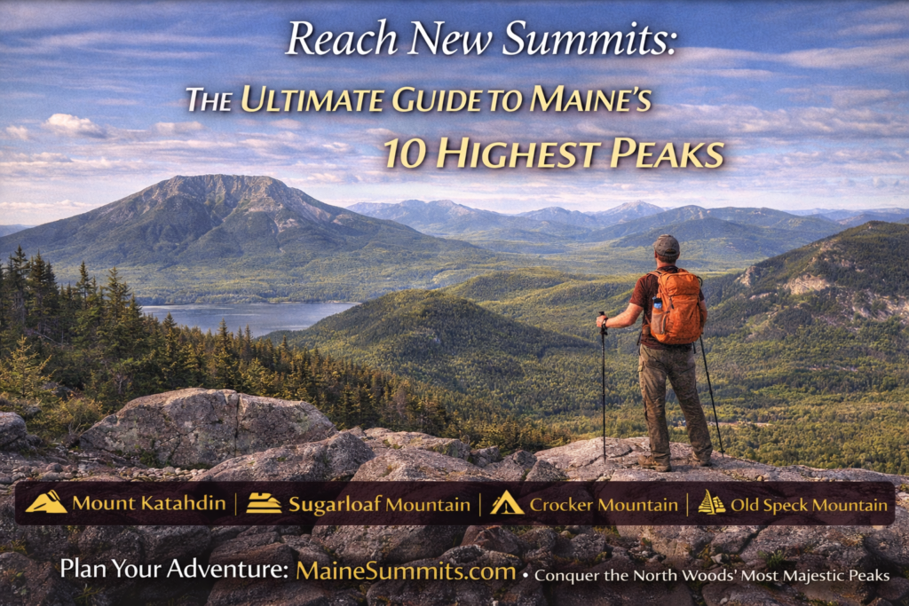 Panoramic view of Maine’s highest mountain peaks including Mount Katahdin, Sugarloaf, and Bigelow Mountain under clear skies in the Maine Highlands.