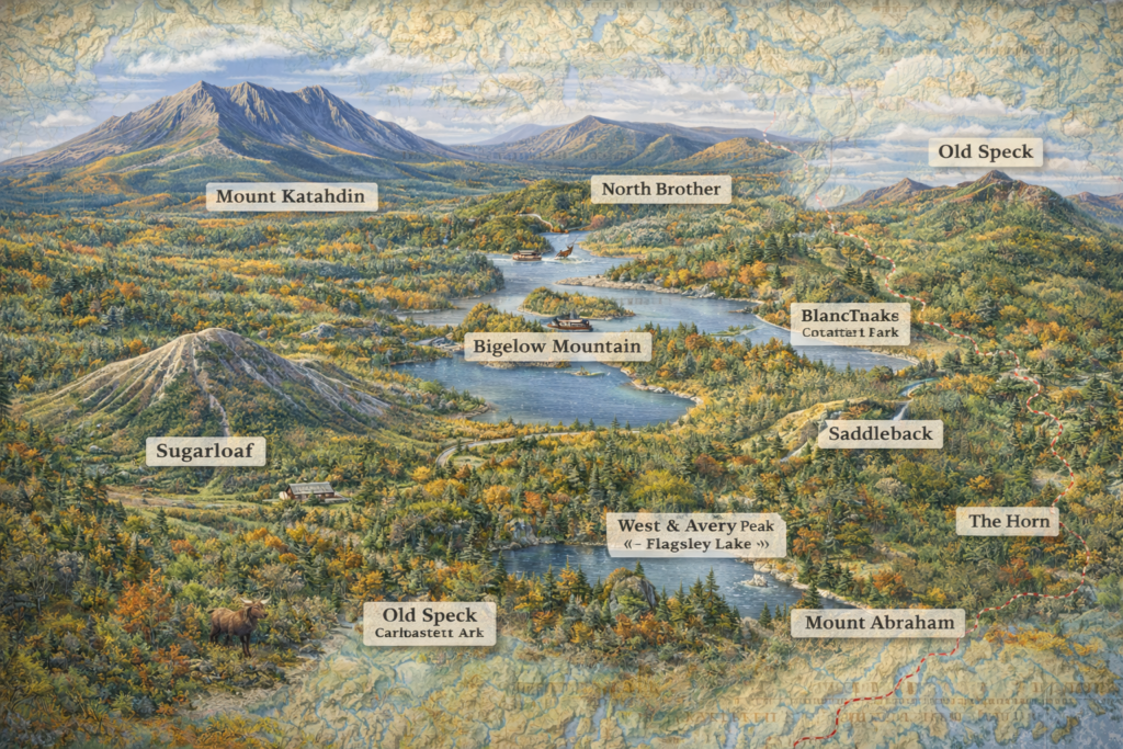 Illustrated 16:9 map of Maine’s highest mountains including Mount Katahdin, Sugarloaf, Bigelow Range, Saddleback, Old Speck, and Mount Abraham surrounded by autumn foliage, alpine lakes, and North Woods wilderness.