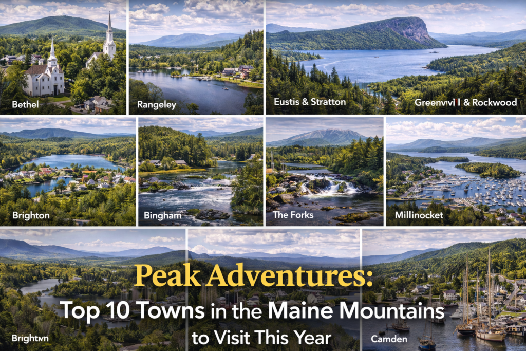 Scenic Maine mountain towns featuring lakes, forests, and peaks including Moosehead Lake, Rangeley, Bethel, Millinocket, and Camden in vibrant summer conditions.