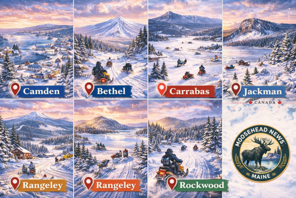 Illustrated winter map of Northern Maine featuring Camden, Bethel, Carrabassett Valley, Jackman, Rangeley, and Rockwood with snowmobiling trails, mountain scenery, and Moosehead News logo.
