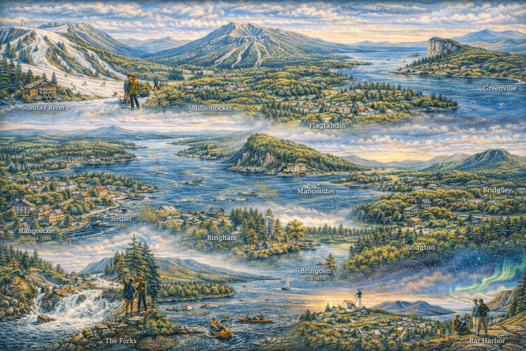 High-resolution 16:9 illustrated aerial map of Maine mountain towns featuring Mount Katahdin, Moosehead Lake and Mount Kineo, Sunday River in Bethel, Rangeley Lakes, Flagstaff Lake, the Kennebec River gorge, Camden Hills, and forested Western Maine peaks.