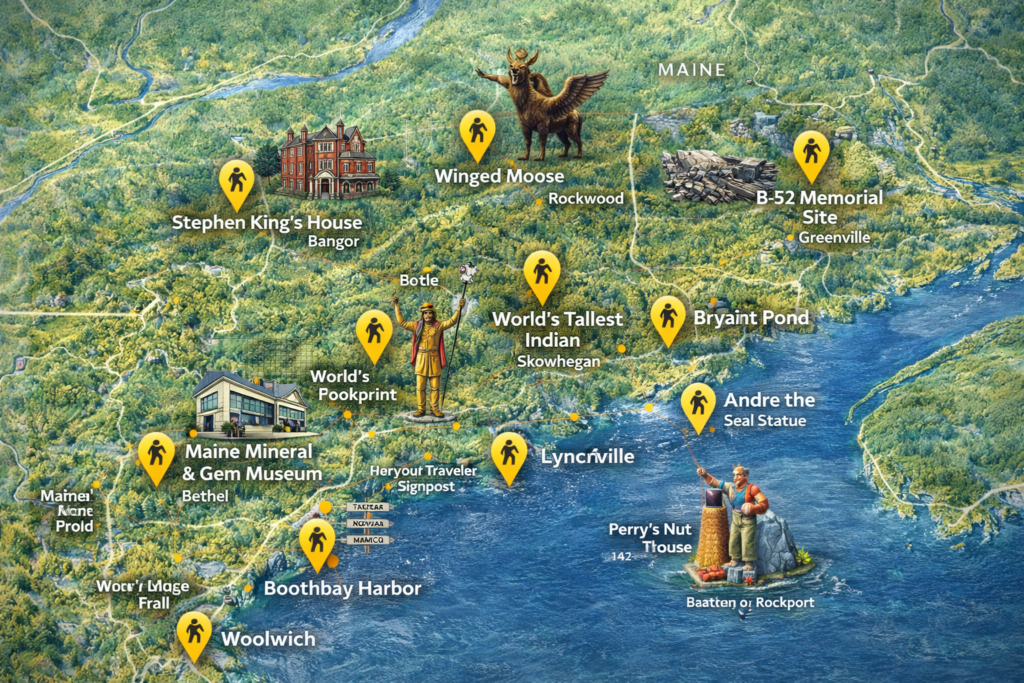 Illustrated map of Maine highlighting quirky roadside attractions including the Winged Moose in Rockwood, Stephen King’s House in Bangor, the B-52 Memorial near Greenville, and other unique stops across the state.