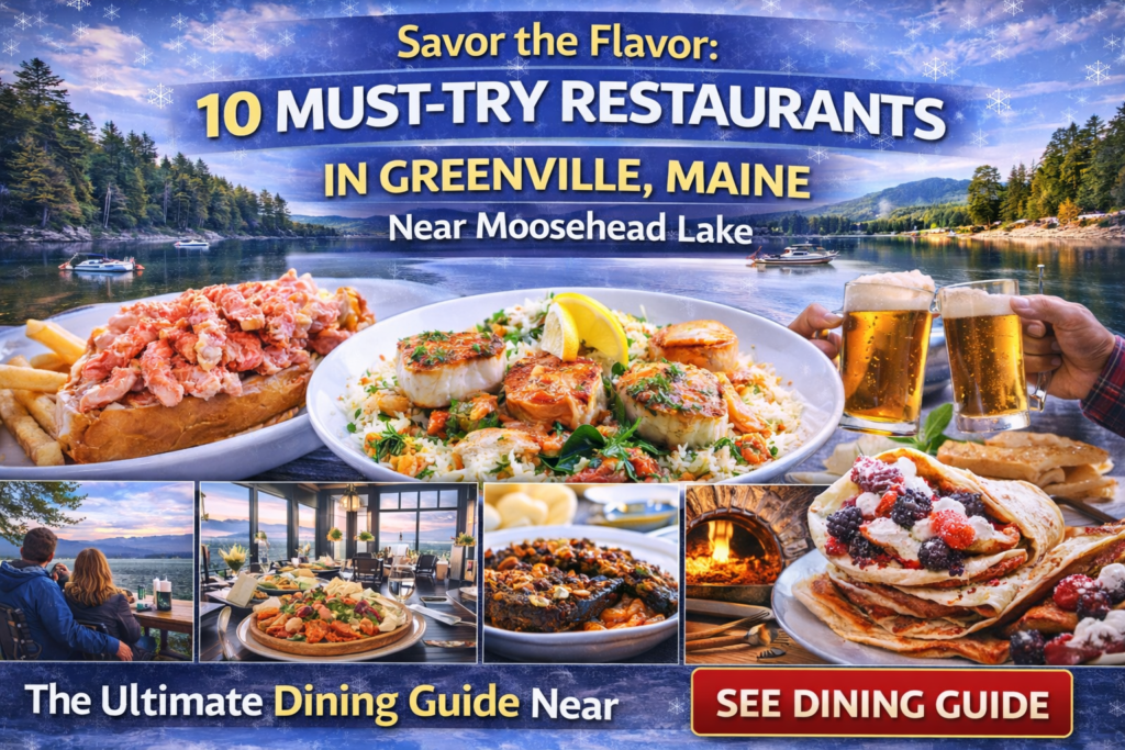 Scenic view of Moosehead Lake in Greenville Maine with popular local restaurants, waterfront dining, and mountain scenery near downtown.