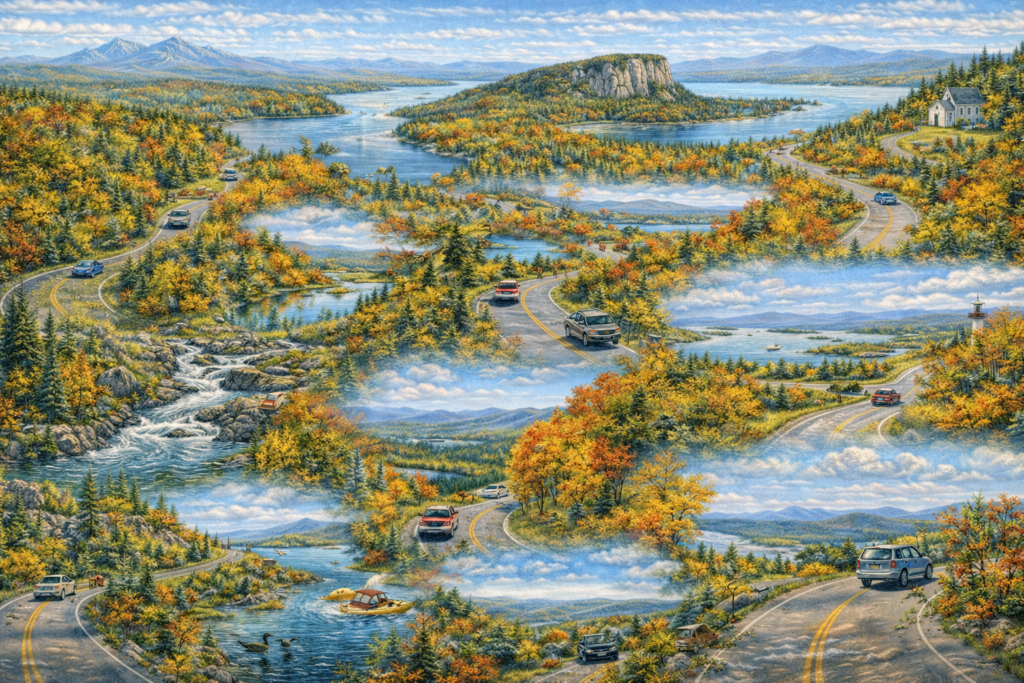 Illustrated fall foliage map of Maine featuring scenic coastal drives, mountain byways, Moosehead Lake region, Acadia coastline, rivers, lakes, and winding autumn roads with vibrant red and orange leaves.